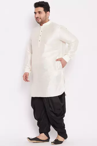 Men's cream and black silk blend kurta and dhoti set