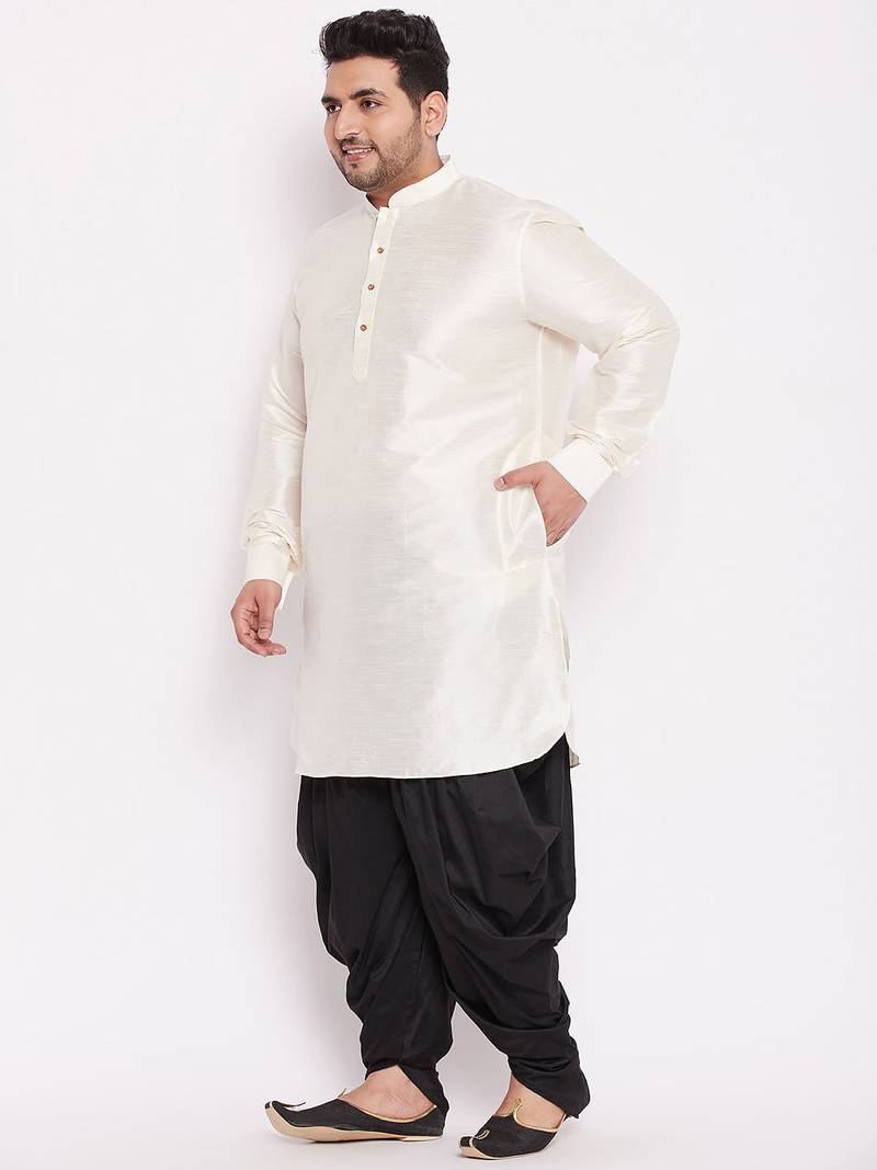 Men's cream and black silk blend kurta and dhoti set