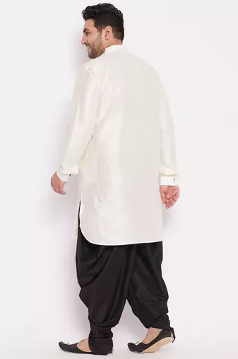 Men's cream and black silk blend kurta and dhoti set
