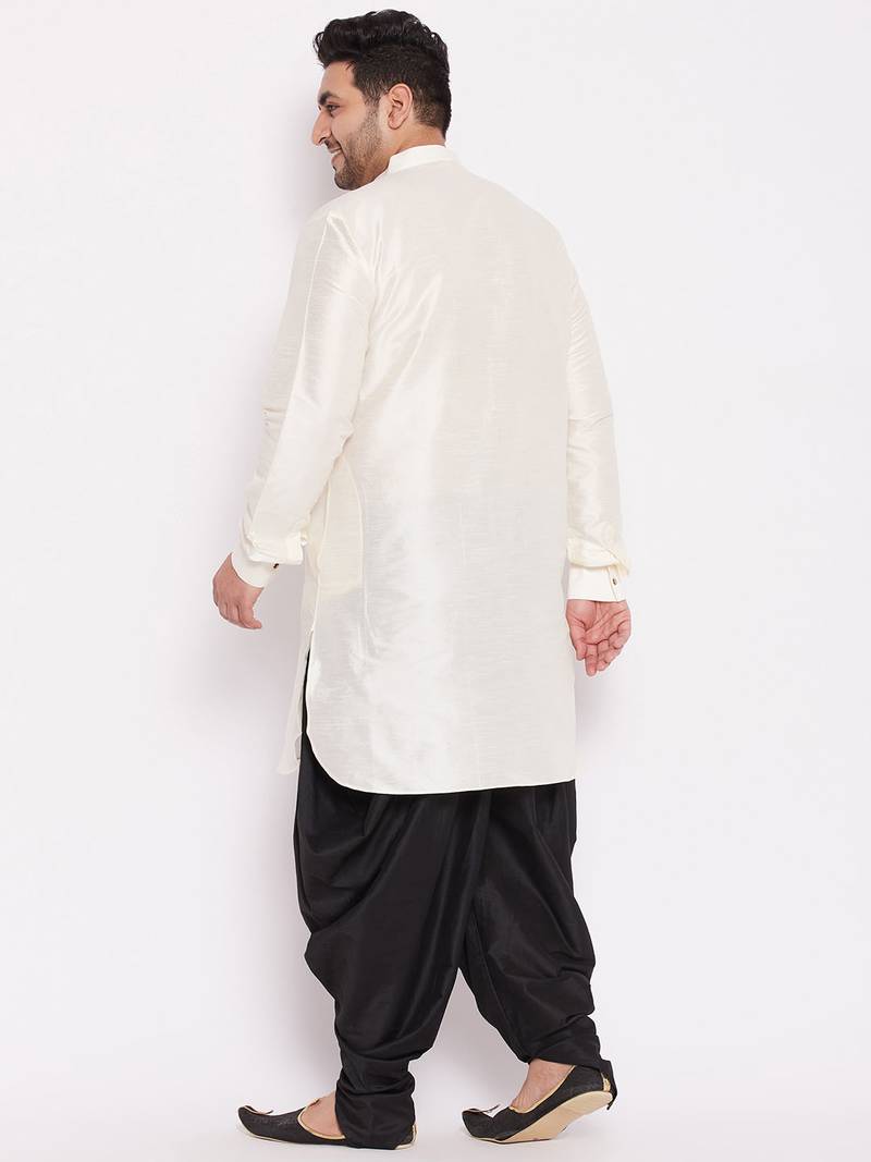 Men's cream and black silk blend kurta and dhoti set
