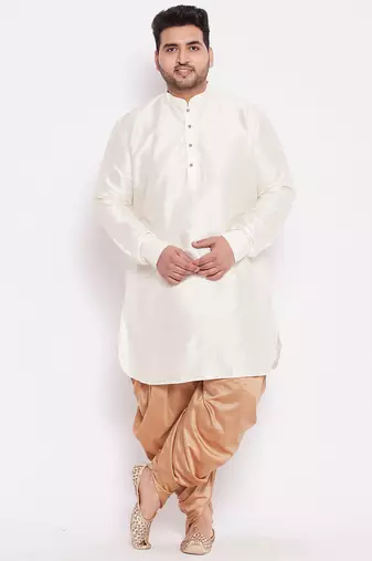 Men's cream and rose gold silk blend kurta and dhoti set