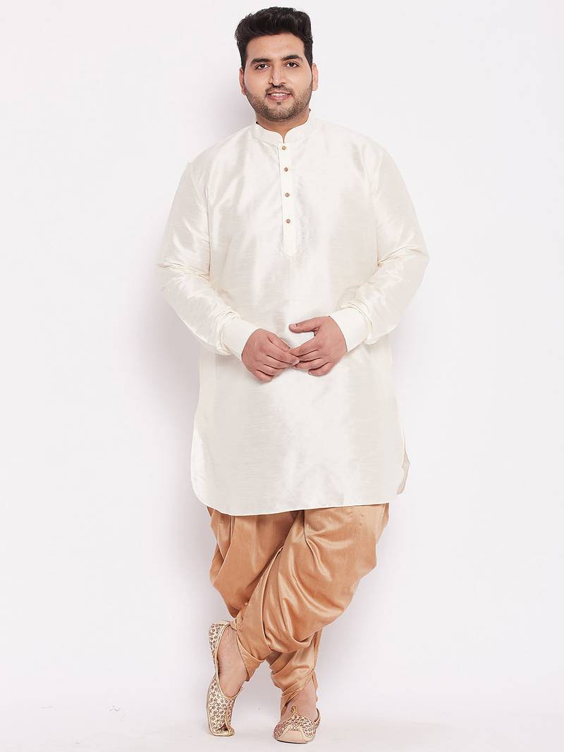 Men's cream and rose gold silk blend kurta and dhoti set