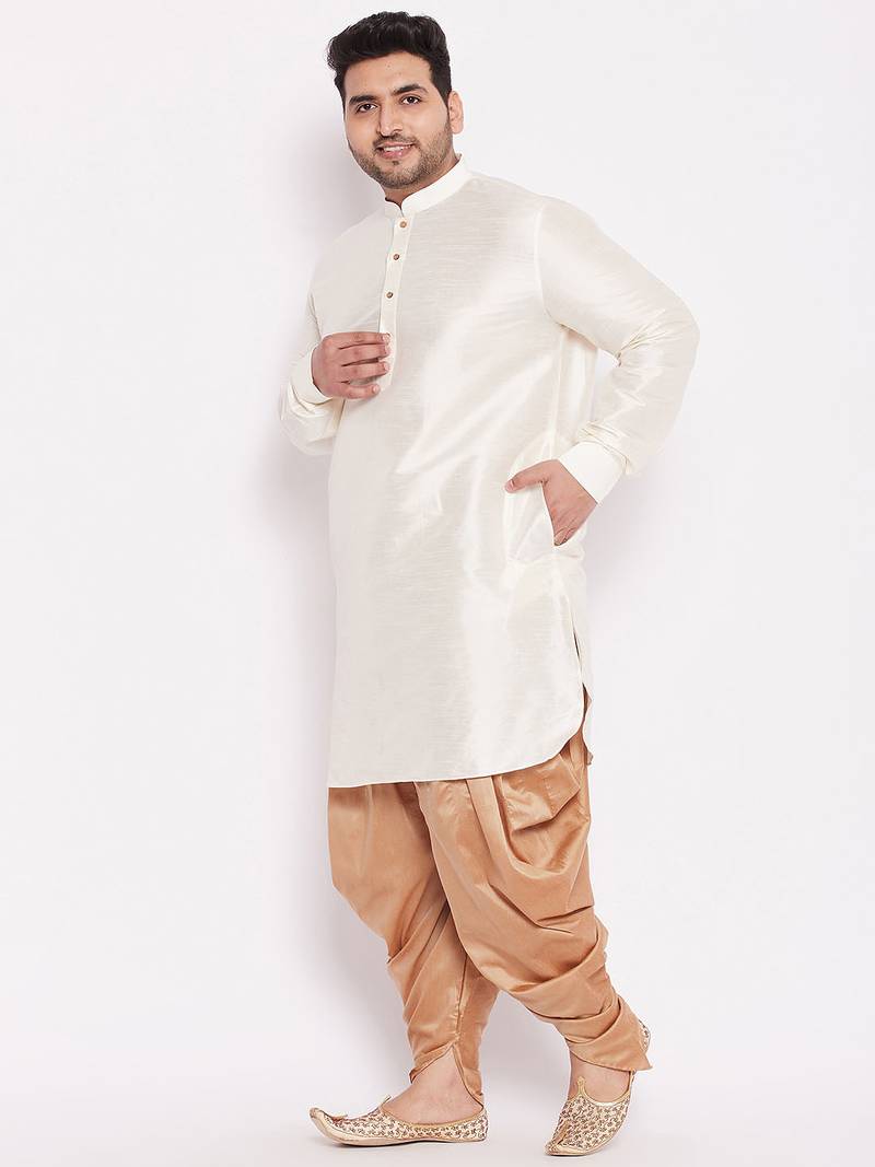 Men's cream and rose gold silk blend kurta and dhoti set