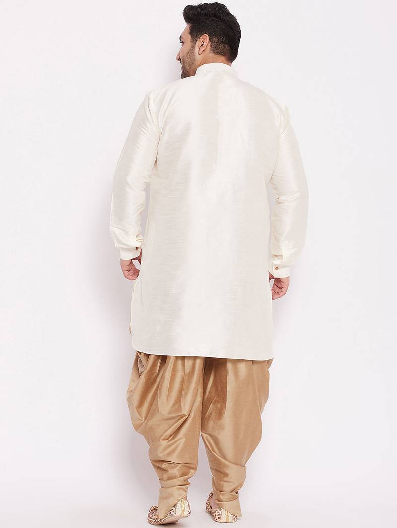 Men's cream and rose gold silk blend kurta and dhoti set