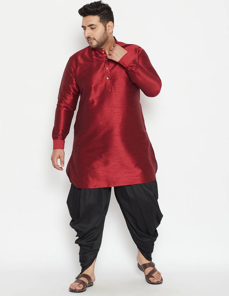 Men's maroon and black silk blend kurta and dhoti set