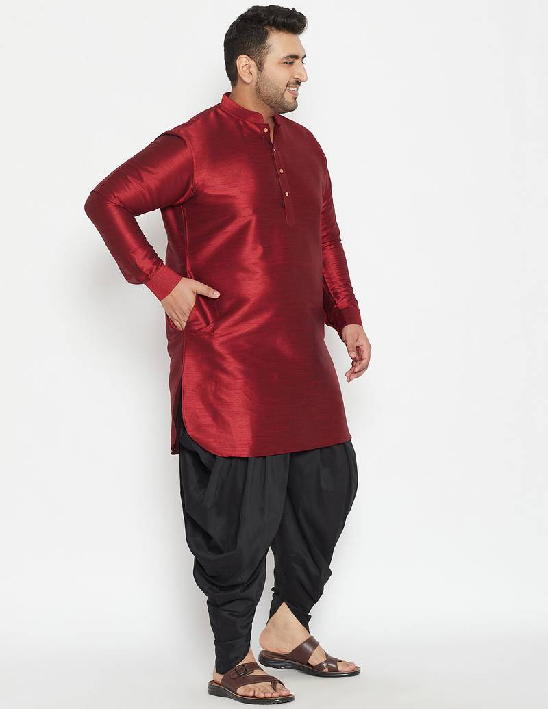 Men's maroon and black silk blend kurta and dhoti set