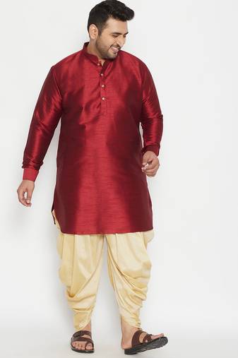 Men's maroon and gold silk blend kurta and dhoti set