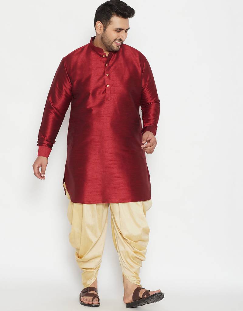 Men's maroon and gold silk blend kurta and dhoti set