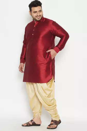 Men's maroon and gold silk blend kurta and dhoti set