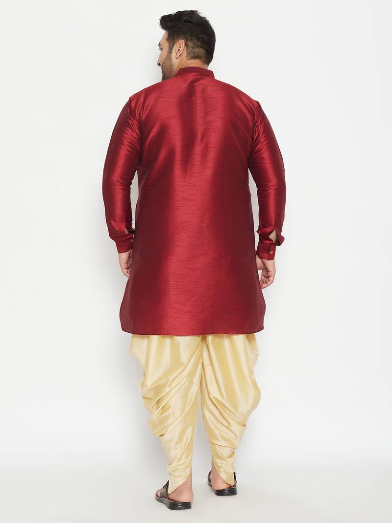 Men's maroon and gold silk blend kurta and dhoti set