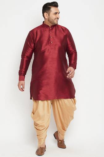 Men's maroon and rose gold silk blend kurta and dhoti set