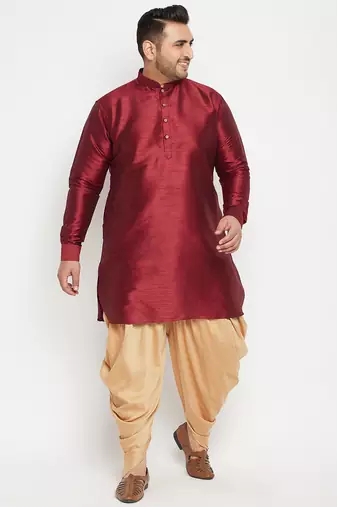 Men's maroon and rose gold silk blend kurta and dhoti set