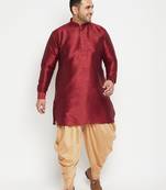Men's maroon and rose gold silk blend kurta and dhoti set