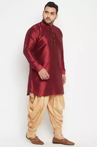 Men's maroon and rose gold silk blend kurta and dhoti set