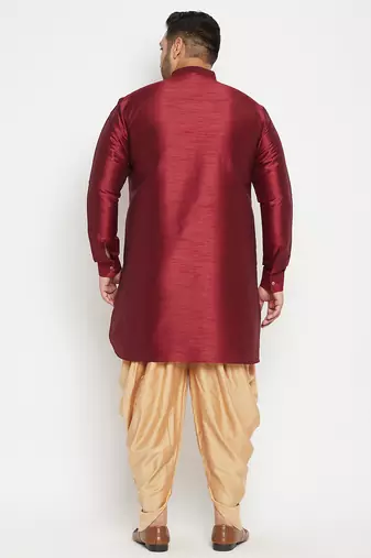 Men's maroon and rose gold silk blend kurta and dhoti set