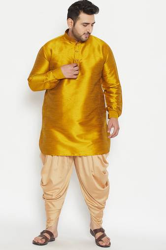 Men's mustard and rose gold silk blend kurta and dhoti set