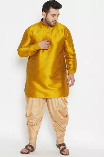 Men's mustard and rose gold silk blend kurta and dhoti set