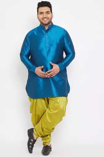 Men's turquoise and cyan green silk blend kurta and dhoti set