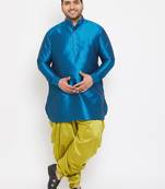 Men's turquoise and cyan green silk blend kurta and dhoti set