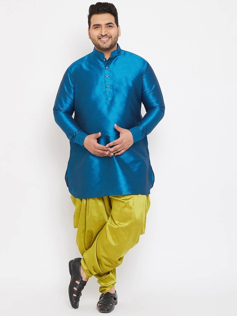 Men's turquoise and cyan green silk blend kurta and dhoti set