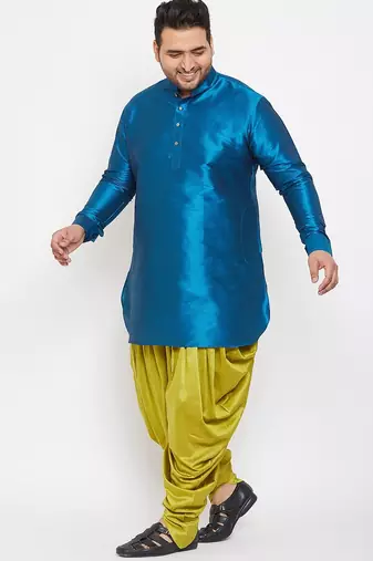 Men's turquoise and cyan green silk blend kurta and dhoti set