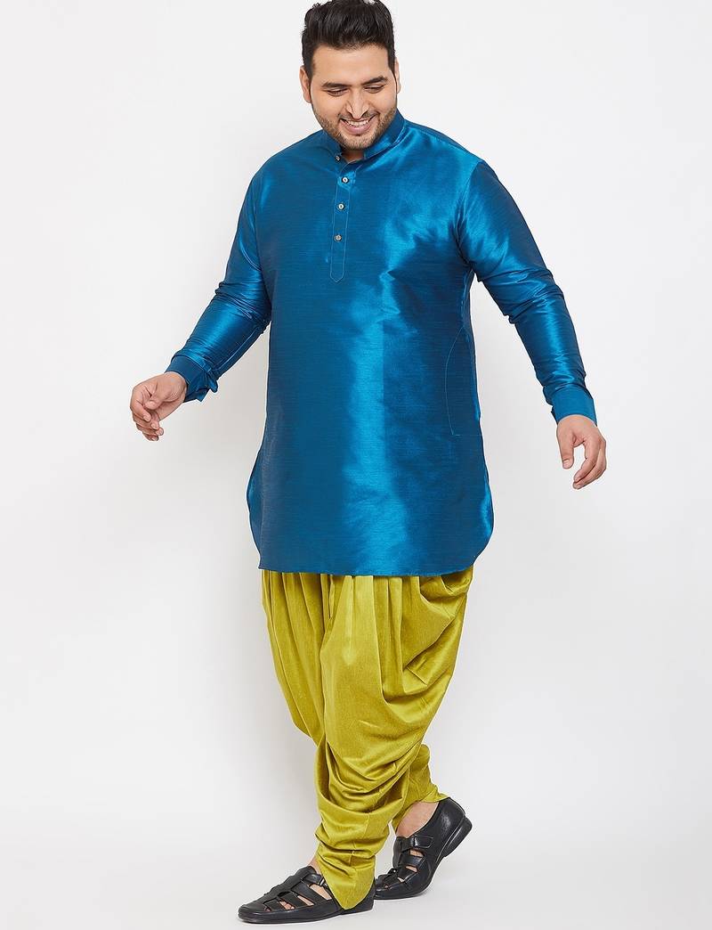 Men's turquoise and cyan green silk blend kurta and dhoti set