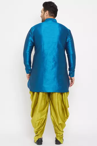 Men's turquoise and cyan green silk blend kurta and dhoti set