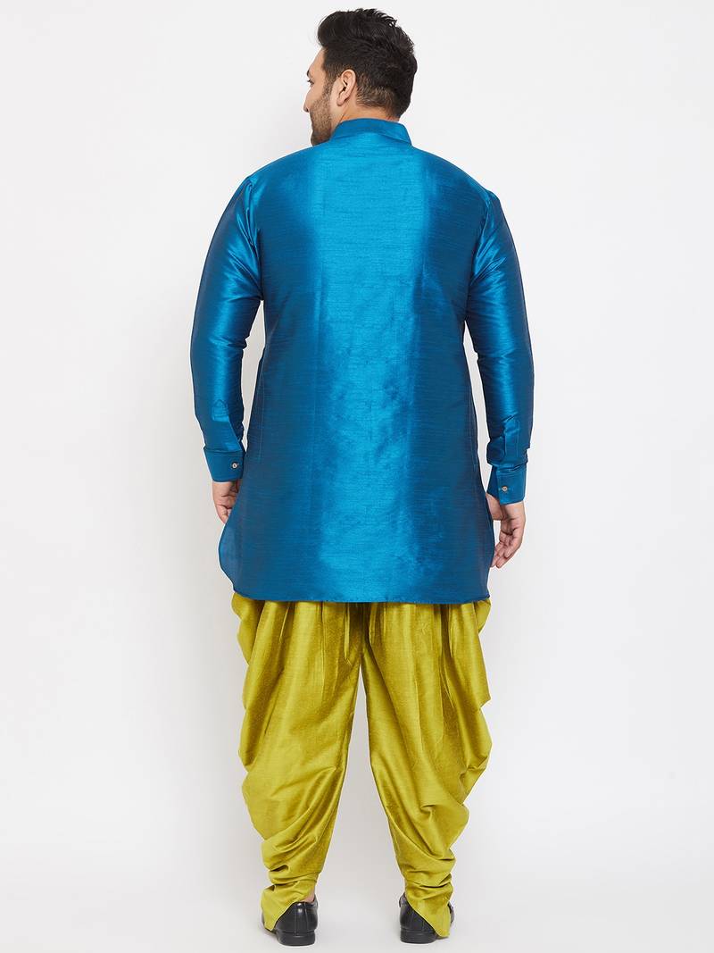 Men's turquoise and cyan green silk blend kurta and dhoti set