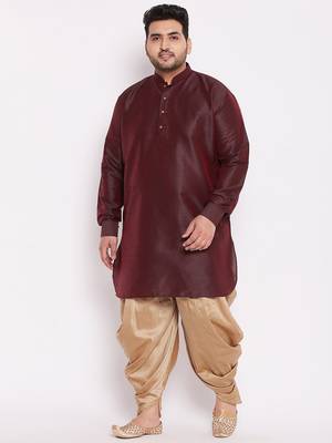Men's wine and rose gold silk blend kurta and dhoti set 1