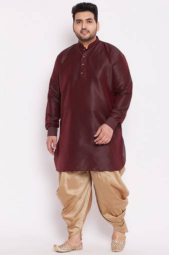 Men's wine and rose gold silk blend kurta and dhoti set