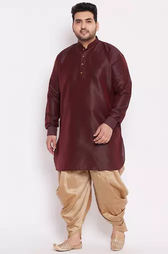 Men's wine and rose gold silk blend kurta and dhoti set