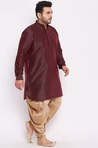 Men's wine and rose gold silk blend kurta and dhoti set