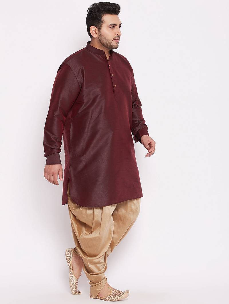Men's wine and rose gold silk blend kurta and dhoti set