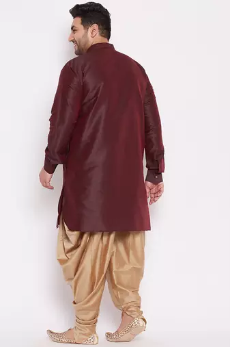 Men's wine and rose gold silk blend kurta and dhoti set
