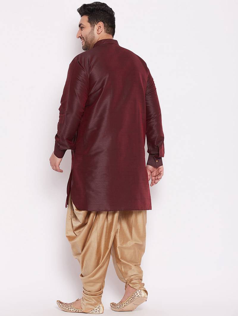 Men's wine and rose gold silk blend kurta and dhoti set