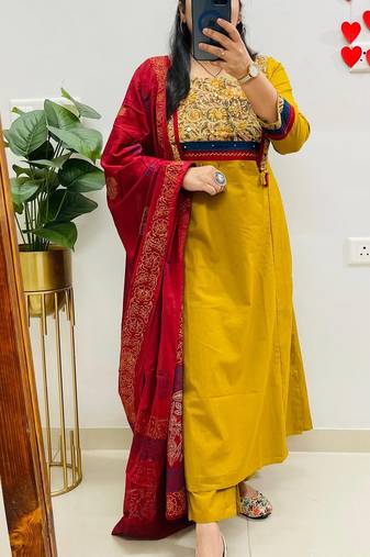 Floral printed dark-yellow round neck cotton floral kurta with trousers & dupatta set