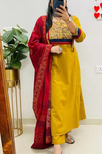 Floral printed dark-yellow round neck cotton floral kurta with trousers & dupatta set