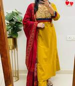 Floral printed dark-yellow round neck cotton floral kurta with trousers & dupatta set