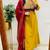 Floral printed dark-yellow round neck cotton floral kurta with trousers & dupatta set