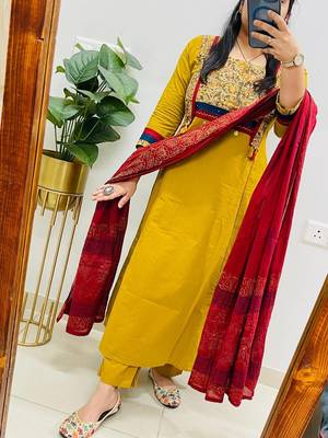 Floral printed dark-yellow round neck cotton floral kurta with trousers & dupatta set 2