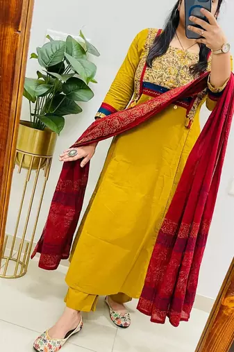 Floral printed dark-yellow round neck cotton floral kurta with trousers & dupatta set