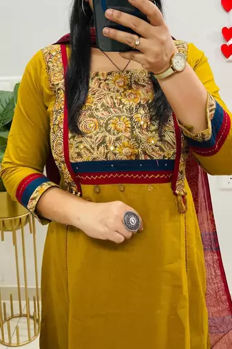 Floral printed dark-yellow round neck cotton floral kurta with trousers & dupatta set