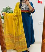 Floral printed blue round neck cotton floral kurta with trousers & dupatta set