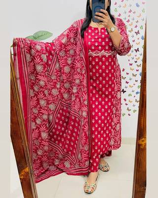 Floral printed red v neck cotton floral kurta with trousers & dupatta set 1