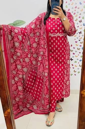 Floral printed red v neck cotton floral kurta with trousers & dupatta set