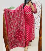 Floral printed red v neck cotton floral kurta with trousers & dupatta set
