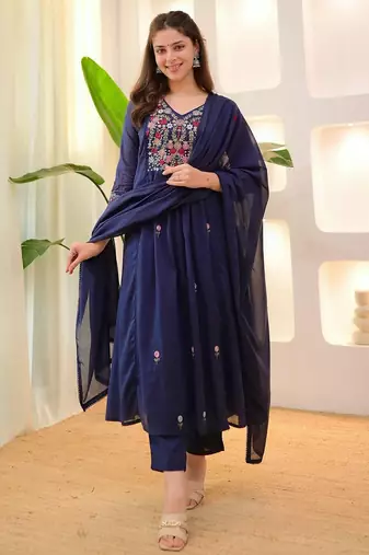 Floral embroidered blue v neck cotton floral kurta with trousers & dupatta set