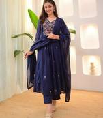 Floral embroidered blue v neck cotton floral kurta with trousers & dupatta set