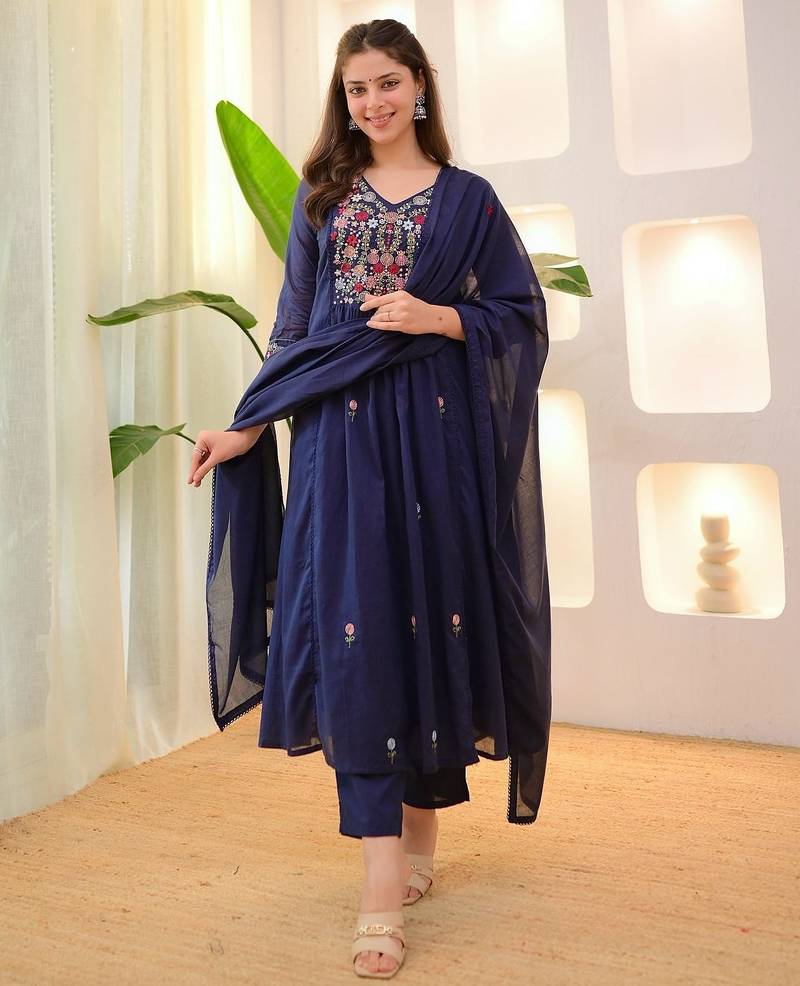 Floral embroidered blue v neck cotton floral kurta with trousers & dupatta set