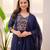 Floral embroidered blue v neck cotton floral kurta with trousers & dupatta set